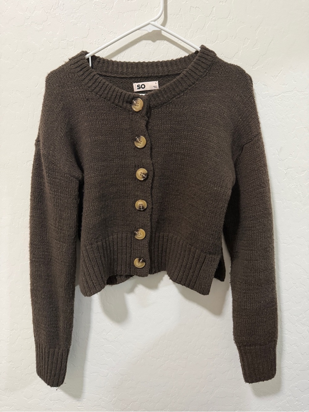 Chocolate Brown Button-Front Cropped Knit Cardigan